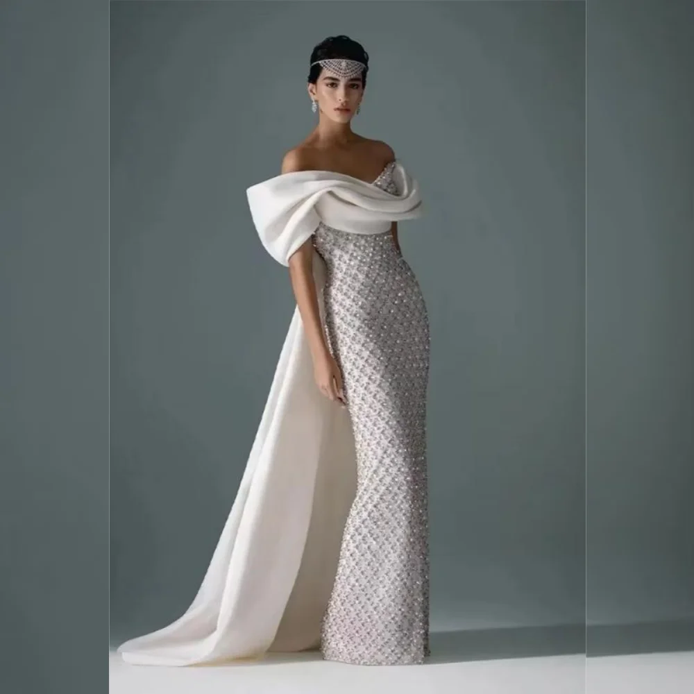 Personalizado brilho plissado lantejoulas em linha reta fora do ombro vestidos longos sob medida ocasião requintado estilo chinês