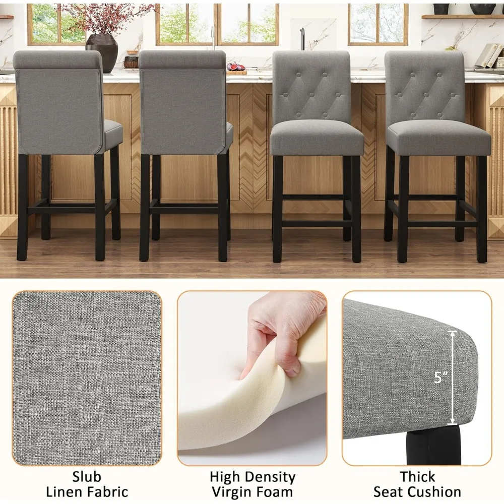 24inch Counter Height Bar Stool, Set of 4 Counter Height Chairs for Kitchen Island Upholstered Back Bar Chairs Fabric Barstool