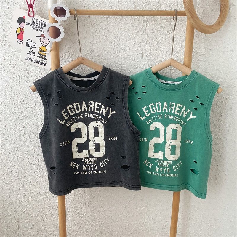 Verano guapo niños nuevo desgastado negro puro algodón sin mangas camiseta perforada estilo suelto camiseta sin mangas para bebé