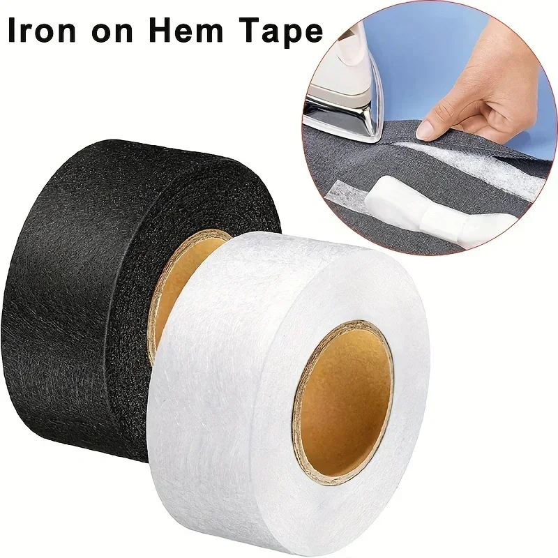 2 rollos de tela adhesiva de doble cara para ropa, cinta adhesiva para planchar en el dobladillo, Web de entrelazado, accesorios de retales de costura DIY, color blanco y negro