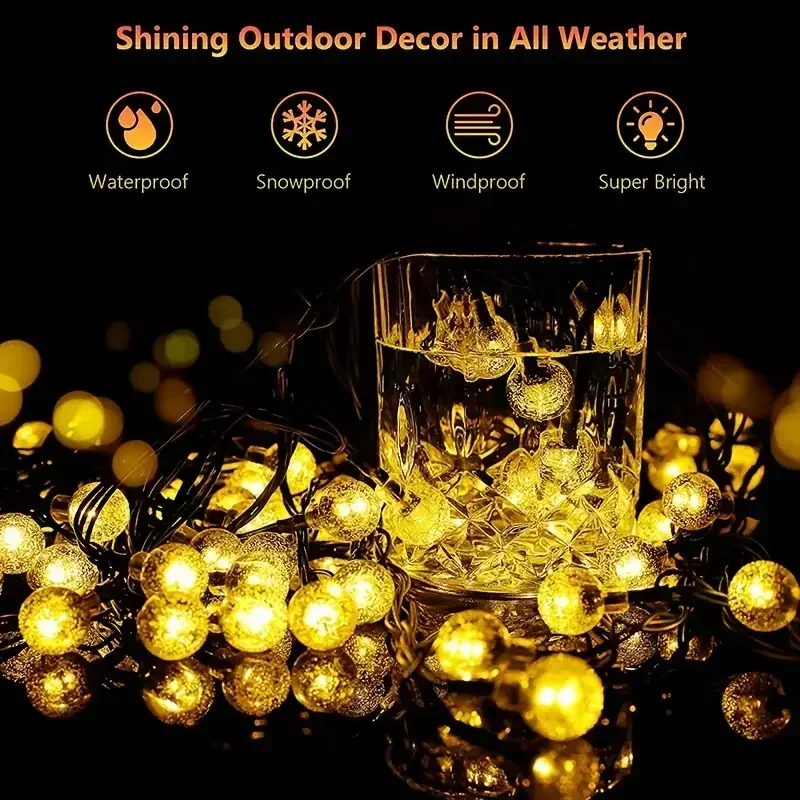 Lámpara de bolas de burbujas solares, cadena de luces para exteriores, gotas de agua, orbe impermeable para exteriores, luces de Navidad, Patio, fiesta navideña
