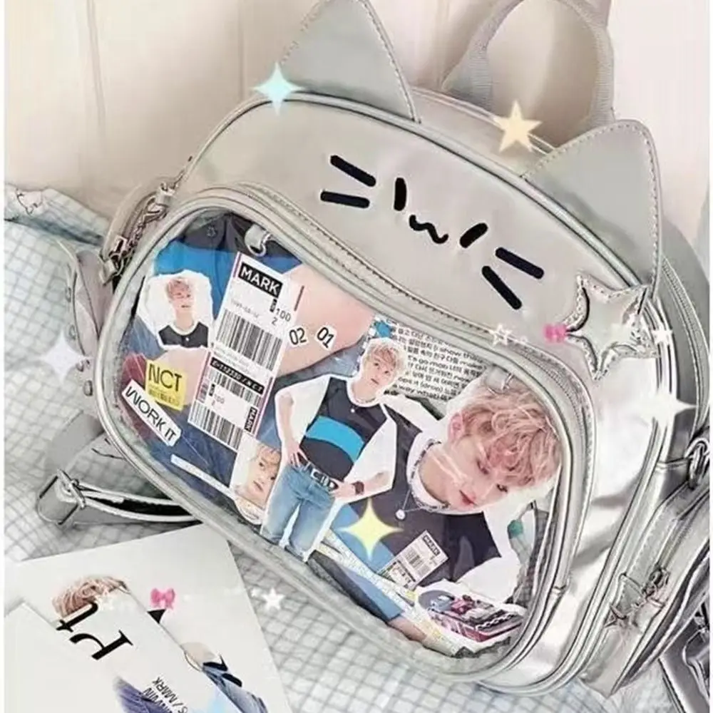 Y2K Borsa coreana Kawaii Cat Lolita Borsa a tracolla in PU carina Ragazze Tasca trasparente Borsa a tracolla Harajuku Zaini moda donna