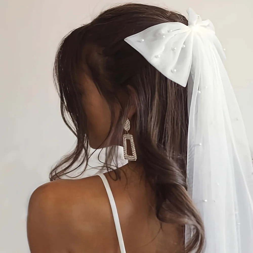 Véu de noiva elegante com imitação de pérolas, acessórios de casamento com clipe de tule branco