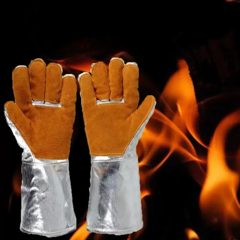 EN407 Schweißer-Sicherheits-Hitzebeständige, feuerfeste Grill-Leder-Aluminiumfolie, extremsichere Handschuhe, Wärmeisolierung, 800 Grad