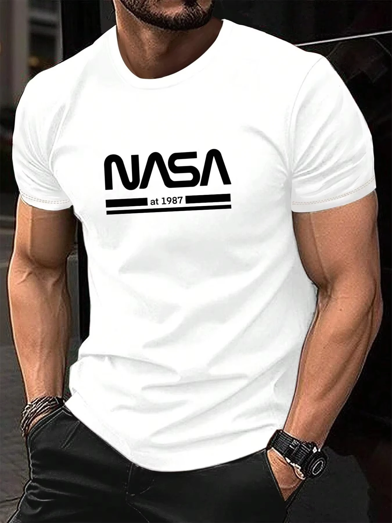 Homens de manga curta t camisa NASA impressão 1987 design casual confortável algodão verão camisetas atlético streetwear retro tendência respirável