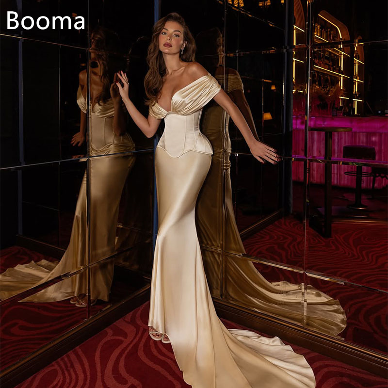 Booma Elegante Meerjungfrau-Brautkleider, ärmellos, schulterfrei, mit Falten, Satin, Brautkleid nach Maß