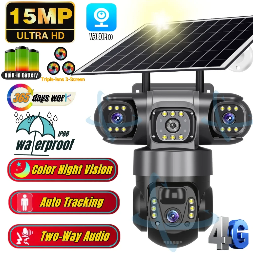 V380 Pro 3 lenti IP Telecamera solare HD 15 MP Esterna Impermeabile CCTV Visione notturna Telecamera audio bidirezionale Monitoraggio mobile Telecamera IP 4G