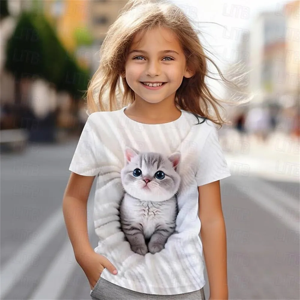 สาวเสื้อผ้า 3D Cat พิมพ์เสื้อผ้าเด็กแขนสั้น Tee Tops ฤดูร้อนเด็กเสื้อผ้าสบายๆเด็ก Top แมวสาว T เสื้อ