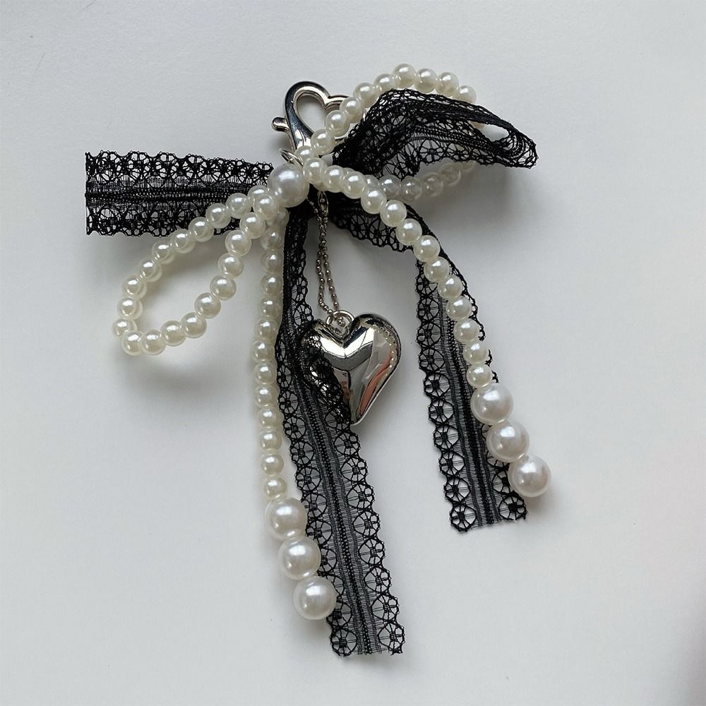 Lindo dulce perla arco llavero coreano Y2K corazón encaje colgante belleza chica bolso colgante accesorio
