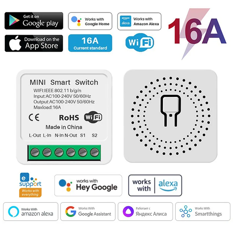 Interruptor Wifi inteligente de 16A, interruptores DIY de 2 vías, temporizador de disyuntor, compatible con Alexa Мару eins, Google Home, Alice SmartThings, hogar inteligente