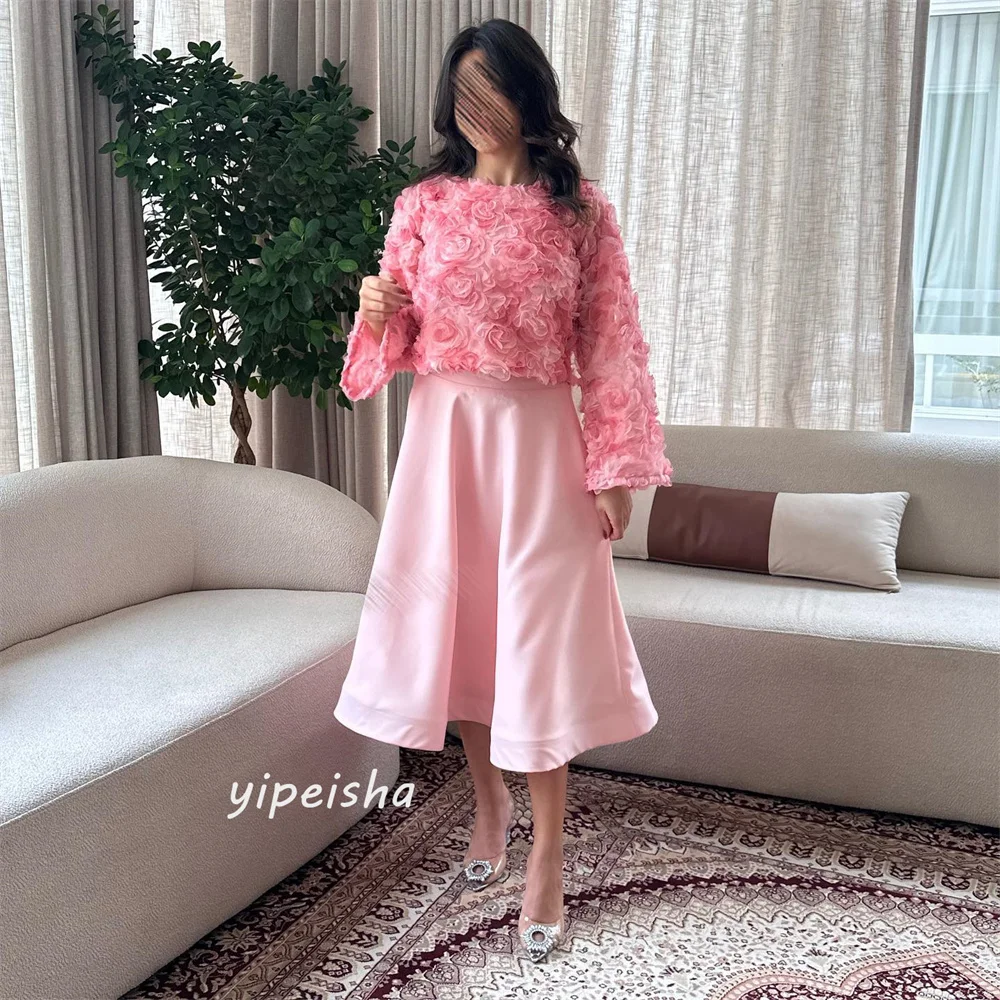 ที่กําหนดเอง Jersey Draped จีบดอกไม้งานแต่งงาน A-Line O-คอ Bespoke โอกาสชุด Midi ชุด