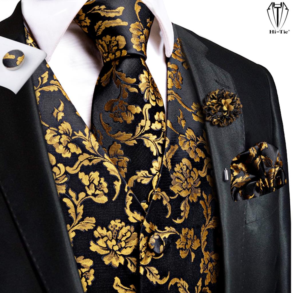 Hi-Tie Luxus Seide Herren Westen Schwarz Gold Floral Jacquard Weste Krawatte Einstecktuch Manschettenknöpfe Brosche Set für Männer Anzug Hochzeit Büro XL