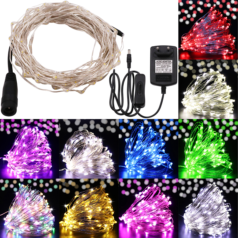 Led Lichterkette Kupferdraht String mit EU Stecker und Schalter 10/20/30/50M 12V Lampe für Weihnachtsbaum Hochzeit Party Dekoration