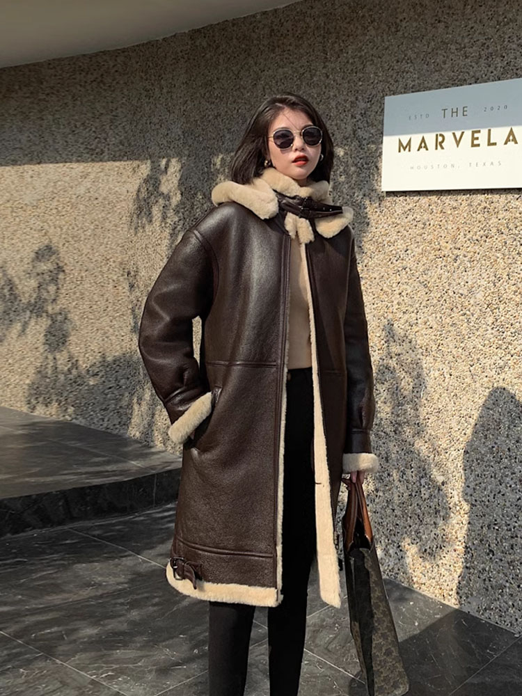 2024 Women's Winter Long Coat Genuine Sheepskin Leather Shearling Jacket for Female Thick Wool Liner Hooded Brown Plus Size 7XL