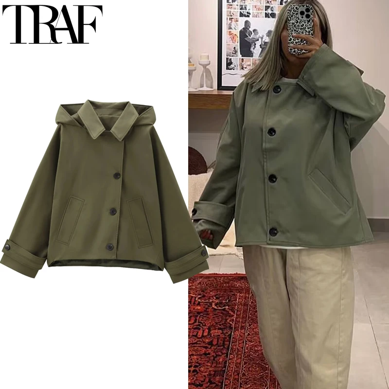 TRAF หญิง Windbreaker Outerwears Hood Cropped เสื้อแจ็คเก็ตผู้หญิง Trench Coat ฤดูใบไม้ร่วงแขนยาว Demi-Season Casual Coats