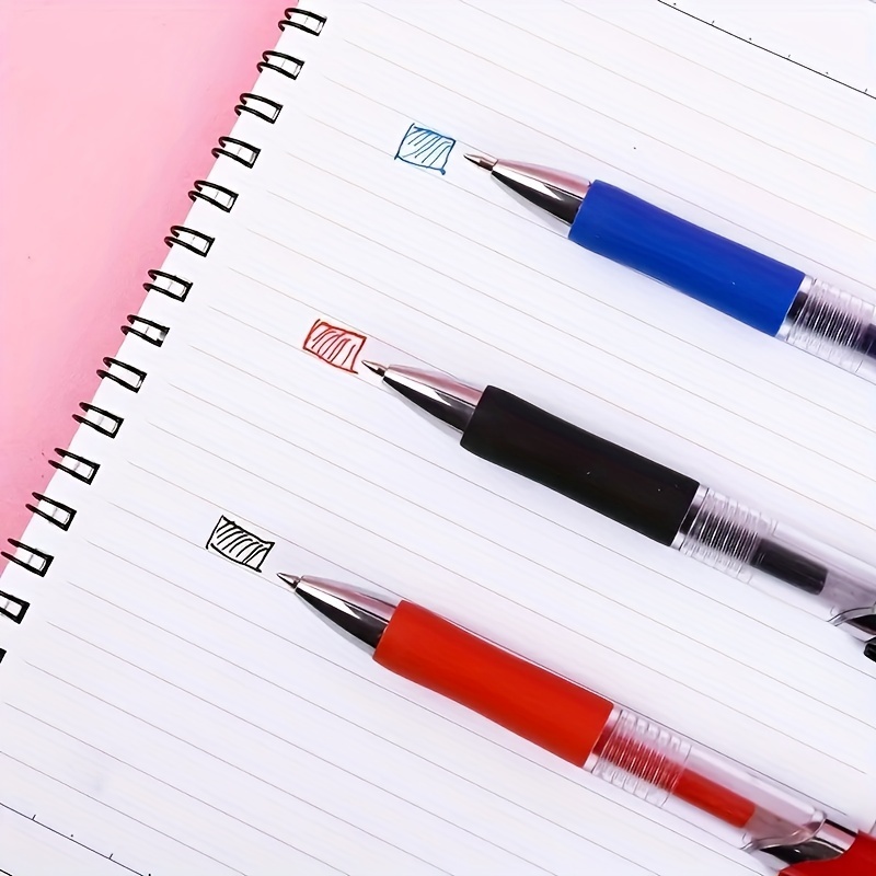 Caneta esferográfica de ação imprensa: adequada para escrita de estudantes e assinaturas comerciais, com opções de tinta preta, vermelha e azul.