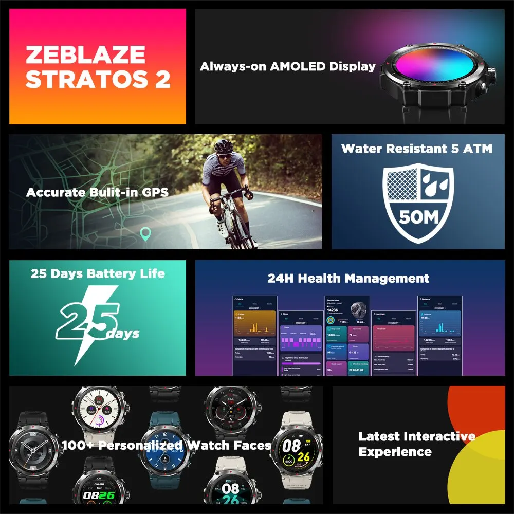 Zeblaze stratos 2 gpsスマートウォッチamoledディスプレイ24hヘルスモニター5 atm長いバッテリー寿命スマートウォッチ男性用