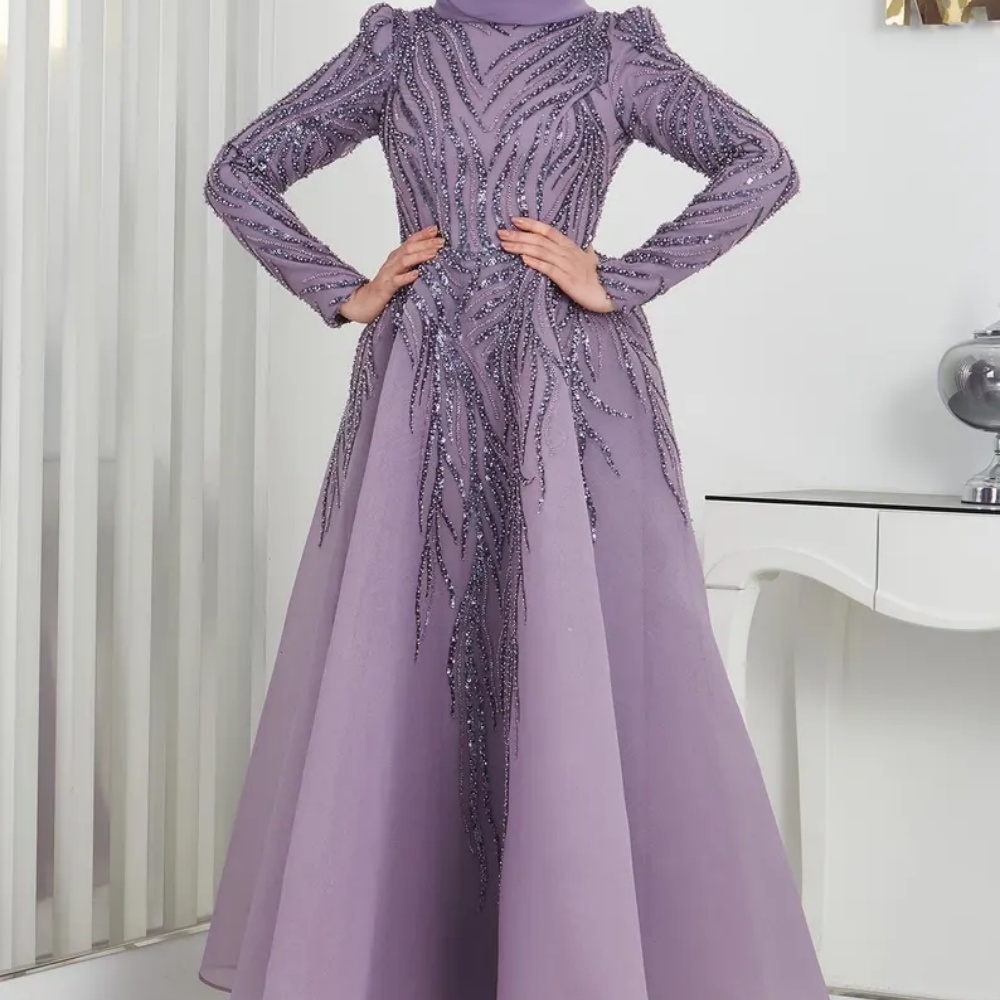 Sansa-Robe de soirée de forme trapèze, tenue de soirée de standing, avec perles et paillettes, longueur au sol, col rond, manches longues, 2024