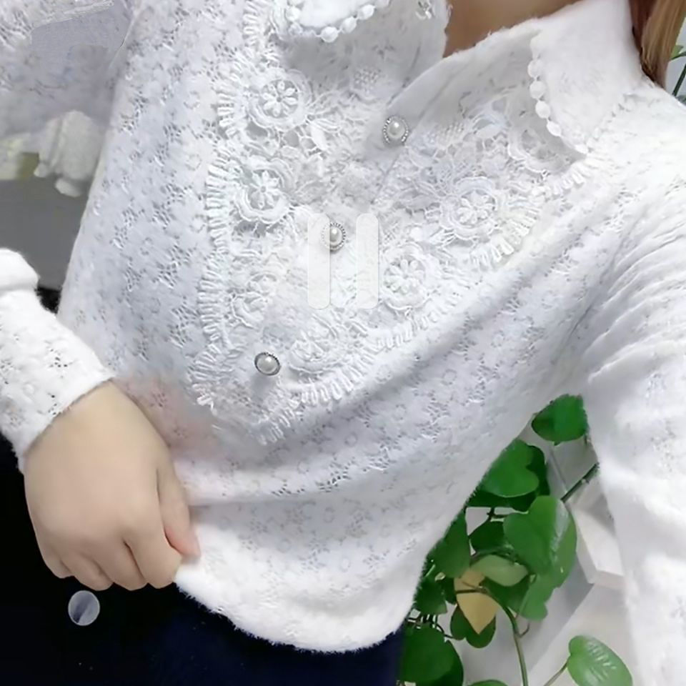 Weiß Allgleiches Mode Jacquard Open Stitch Hemd Langarm Polo-Neck Büro Dame Chic Sexy Frühling Herbst Lose beiläufige Bluse