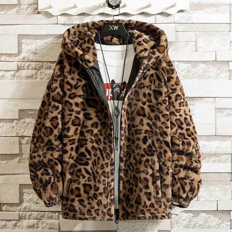 2024 Herren-Jacke mit Leopardenmuster, hübsche Kapuzenjacke aus Nerzimitat, mit Fleece gefüttert, warm