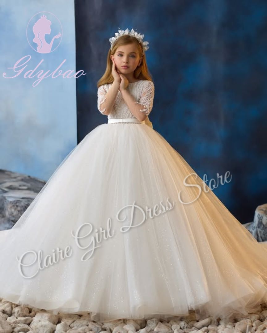 Robes de demoiselle d'honneur élégantes personnalisées pour mariage, paillettes avec nœud, robe de Rhgonflée de princesse, fête d'anniversaire, première communion