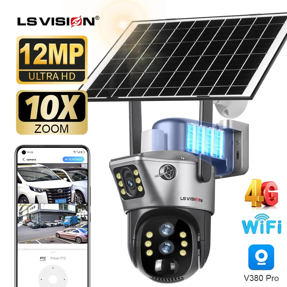 LS VISION-cámara Solar de doble pantalla con Zoom de 12MP y 10X para exteriores, 6K, 4G/WiFi, tres lentes, seguimiento automático humano, cámaras de seguridad, aplicación V380 Pro