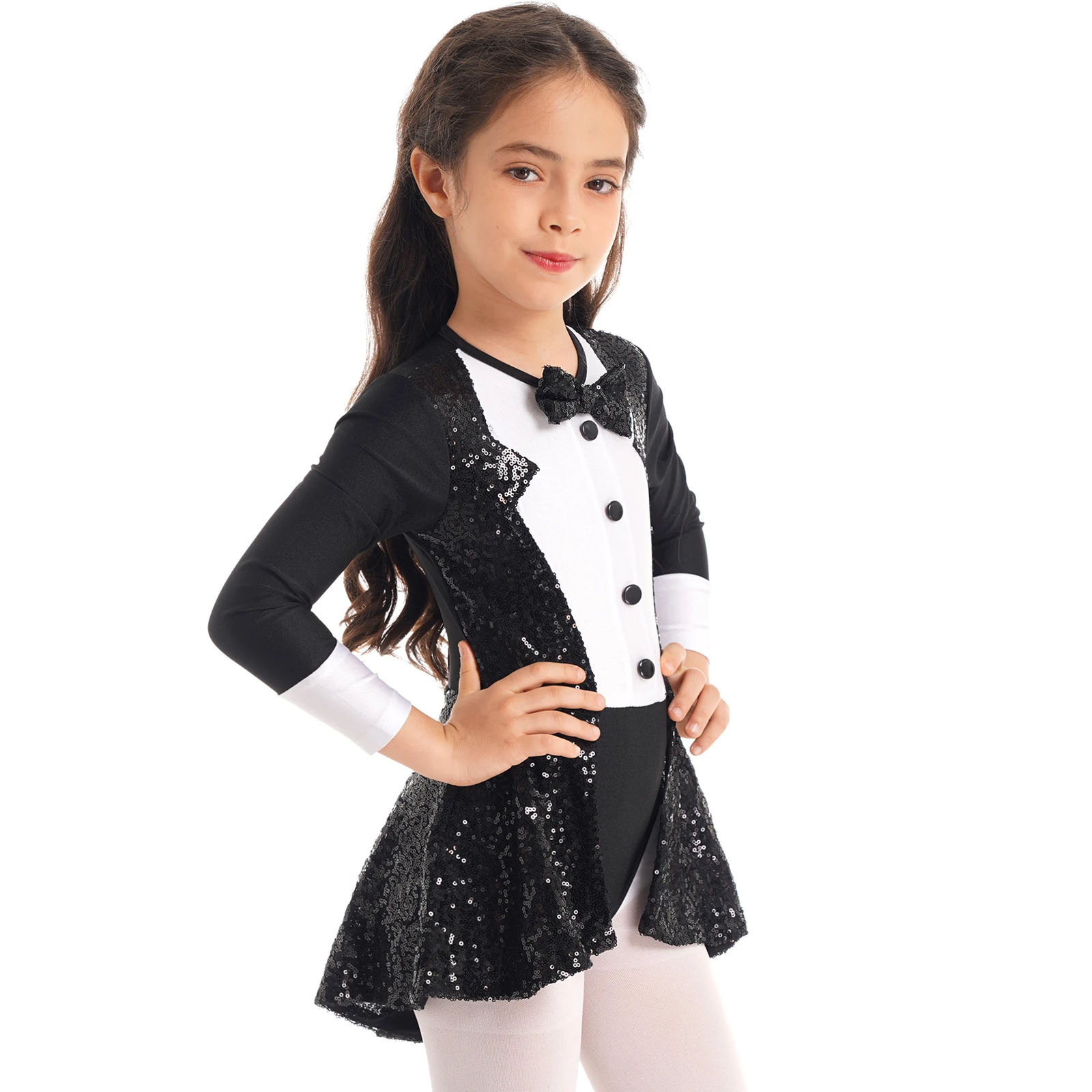 Body da smoking per bambina con paillettes, costume da ballo latino jazz, maniche lunghe, papillon, per ginnastica, balletto, palcoscenico