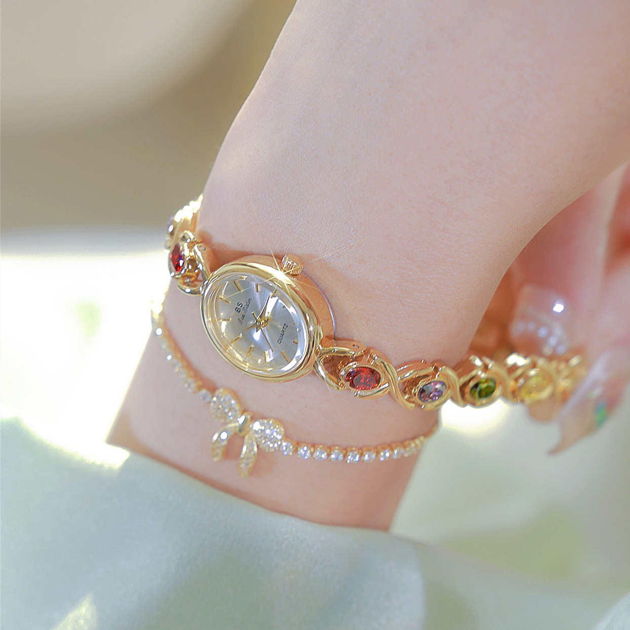 Reloj UTHAI V43 para mujer, marca de lujo ligera, pulsera Retro ovalada de arcoíris, reloj de cuarzo resistente al agua a la moda para mujer