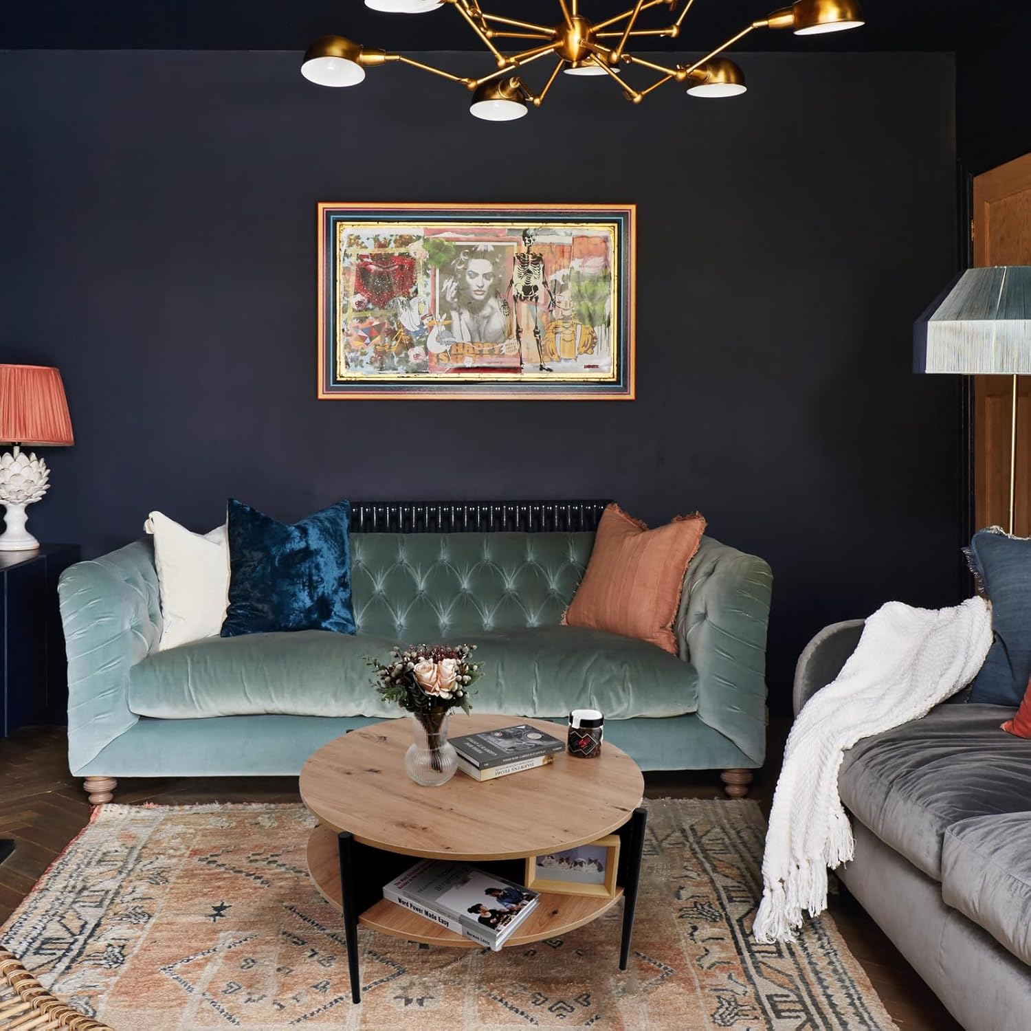 Wood Round Coffee Table with 2-Tier Storage Partitioned Shelf Industrial Modern Design Sofa Table for Living Room