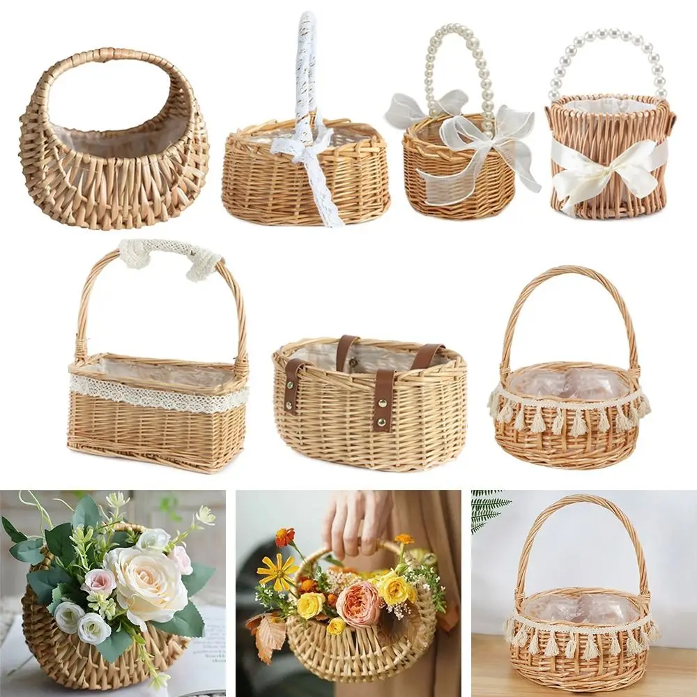 Cesta de boda tejida de ratán de sauce, almacenamiento de media luna de mimbre con asa, cestas de flores resistentes para niñas, contenedor de artículos diversos para Picnic en casa