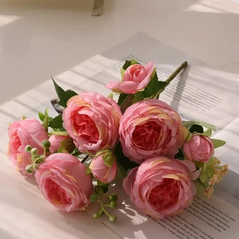 Ramo de seda rosa de 30cm, flor Artificial de peonía, 5 cabezas grandes, 4 brotes pequeños, novia, boda, decoración del hogar