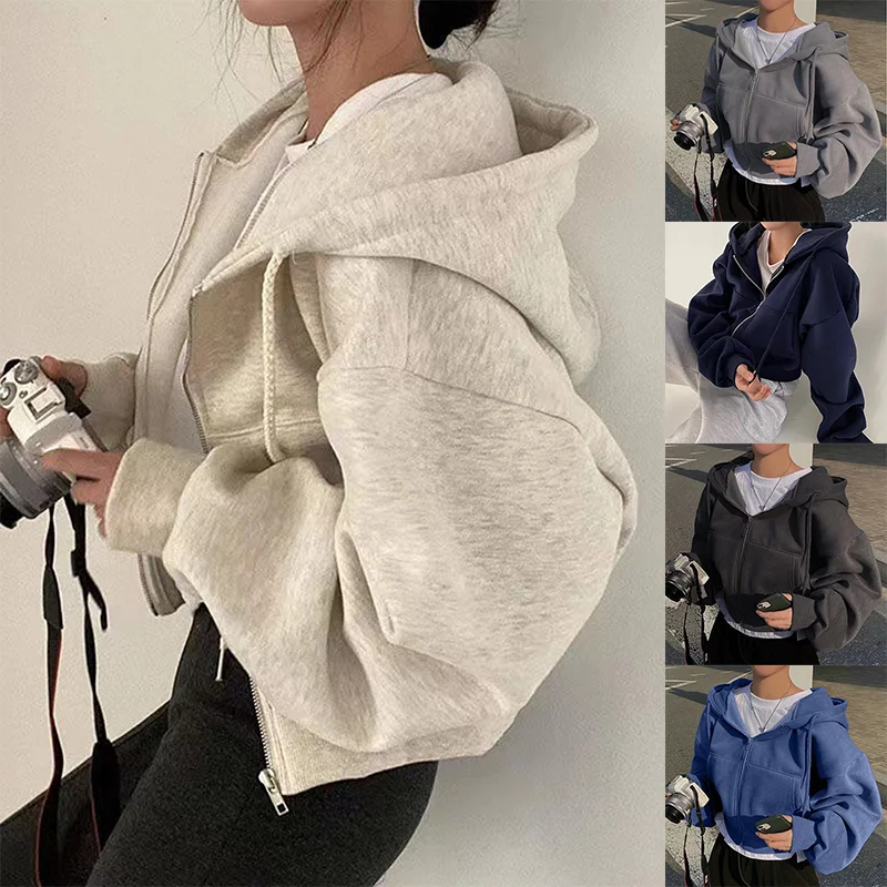 2025, Frühling und Herbst, neu, Übergröße, mit Fleece gefüttert, abgeschnitten, Slims, glättet Silhouette, Reißverschluss, warm, marineblau, Kapuzenpullover für Damen