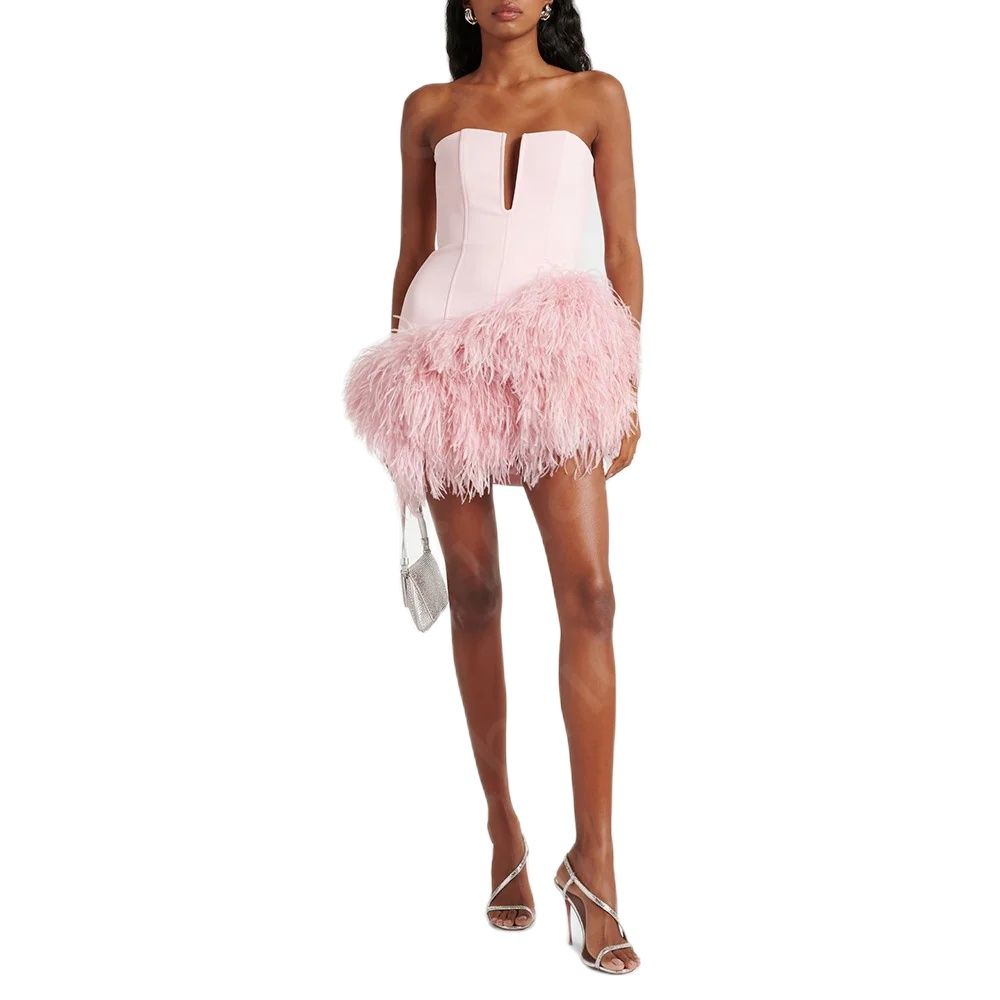Robe courte rose en plumes personnalisée pour mère de la mariée, mini longueur, robe de soirée de mariage en fibre, luxe, 2024