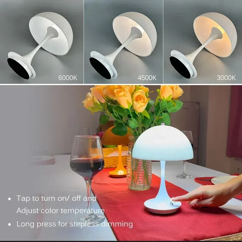 Lampade da tavolo ricaricabili a fungo 3 colori che attenuano la decorazione LED portatile in ABS per la luce notturna Decorazione semplice e moderna