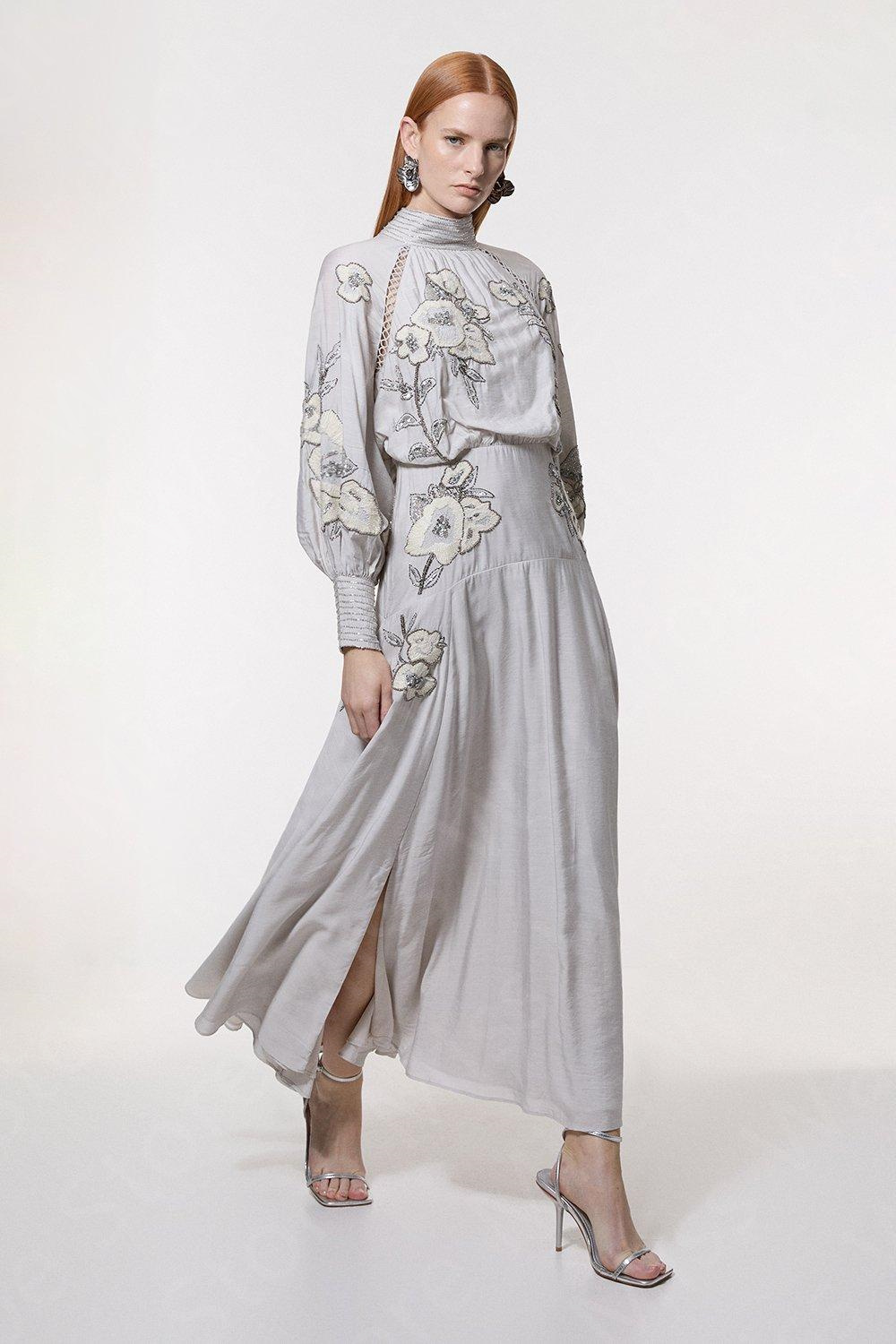 Customized Vintage Silver Prom Dresses Ankle Length Wedding Party Dresses Long Sleeves High Neck Evening Gowns 2025 Side Slit