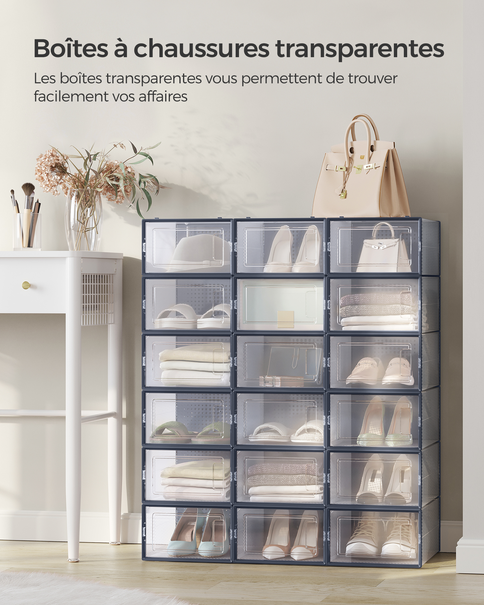 SONGMICS Boîtes à Chaussures, Lot de 18, Rangement Chaussures, Pliable, pour Pointure Jusqu’à 44