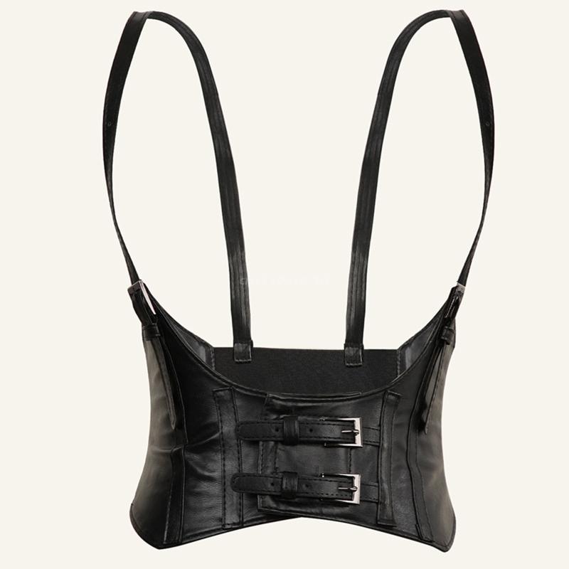 Corsé de cuero para debajo del pecho, Top de realce, con correa, Punk, negro