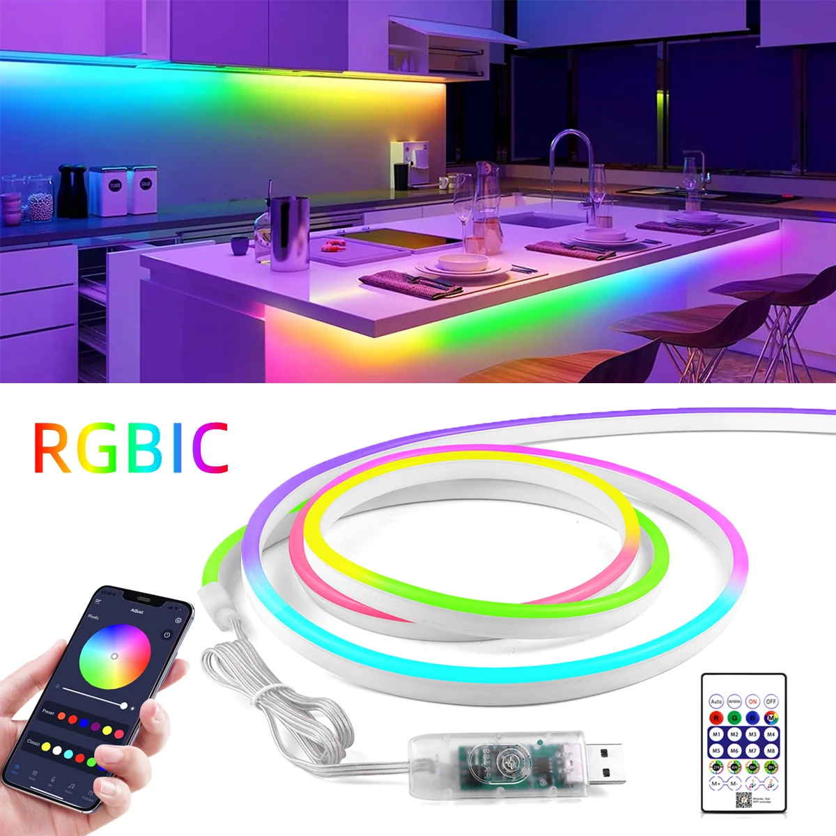 1-5M DreamColor RGBIC LED Neon Lichterkette Bluetooth Neuheit USB 5V WS2812 Wasserdichtes Klebeband Feenlampe für Spielzimmer Ambinet Dekor