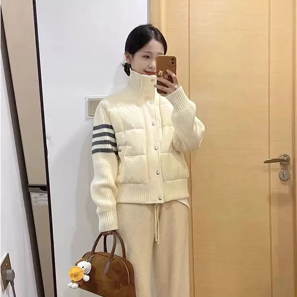 เสื้อผู้หญิงฤดูหนาว 2024 แฟชั่นถักแขนยาวSplicingเสื้อฝ้ายฤดูใบไม้ร่วงกีฬาParkaหญิงสั้นOutwear