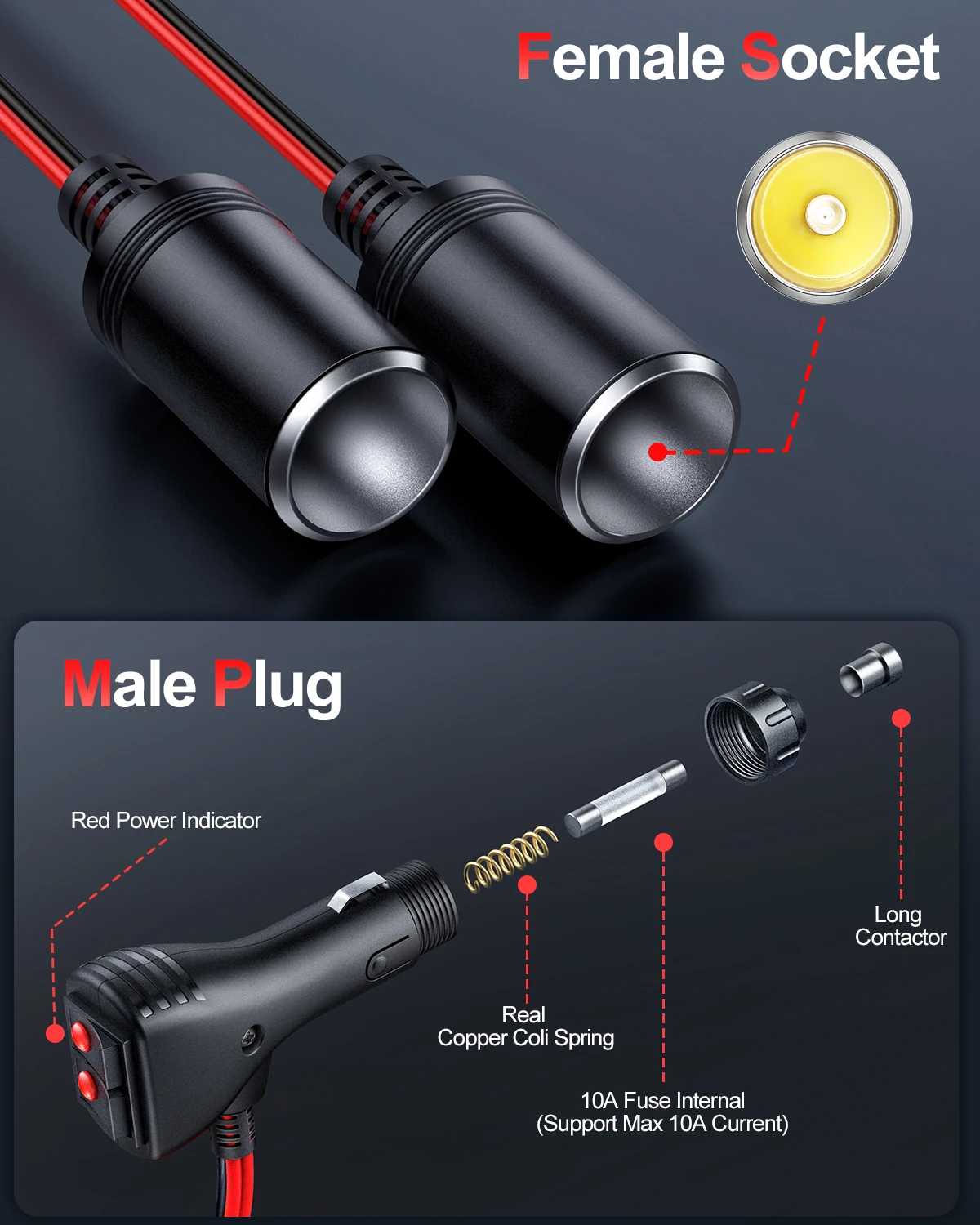 Extractme 1 to 2 Car Cigarette Lighter Splitter Adapter Power Charger Port 16AWG 12/24V Plug Socket 2-Way Splitter with 10A Fuse