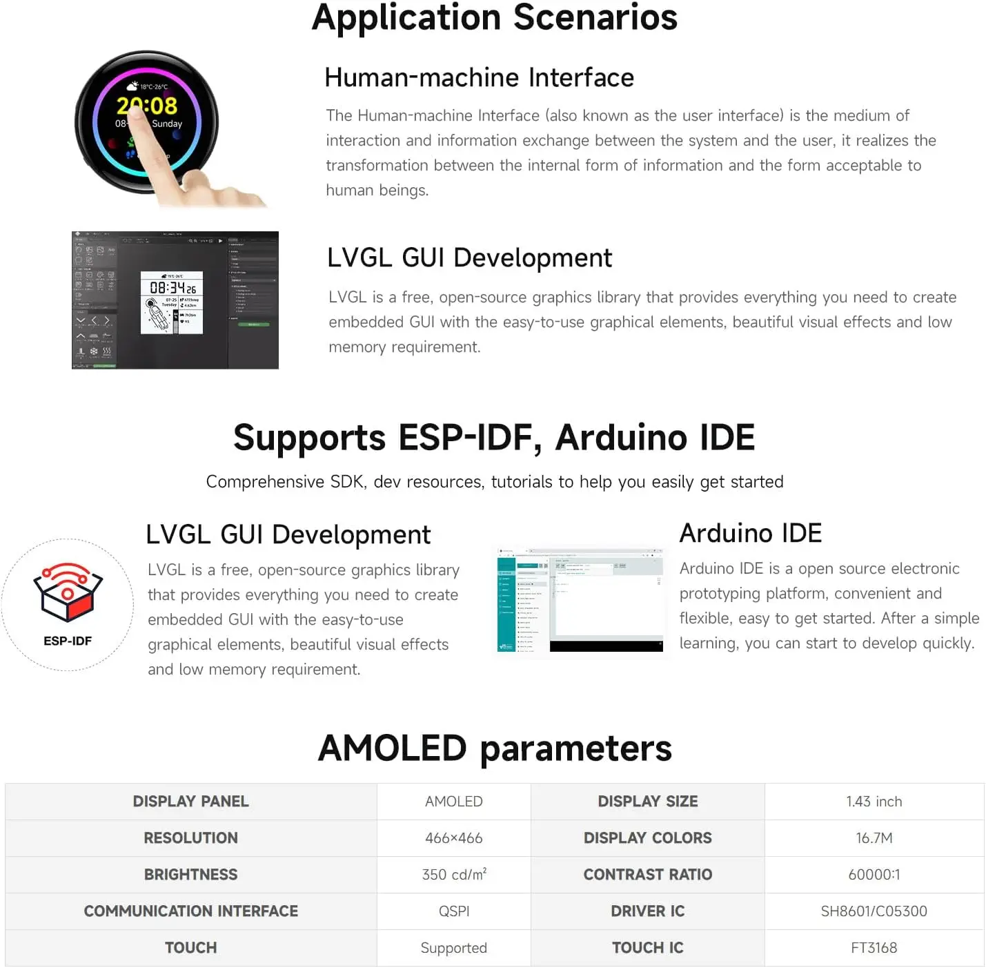 Waveshare ESP32-S3 1,43-дюймовый AMOLED сенсорный экран макетная плата 466x466 круглый дисплей ESP32 дисплей HMI LVGL GUI развитие
