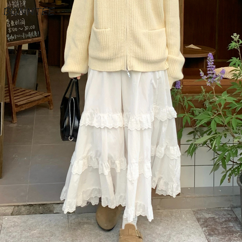 Spitze A-line Lose Alle-spiel Frühling Herbst Knöchel-länge Röcke für Frauen Koreanischen Stil Weibliche Zarte Mode Freizeit studenten Chic