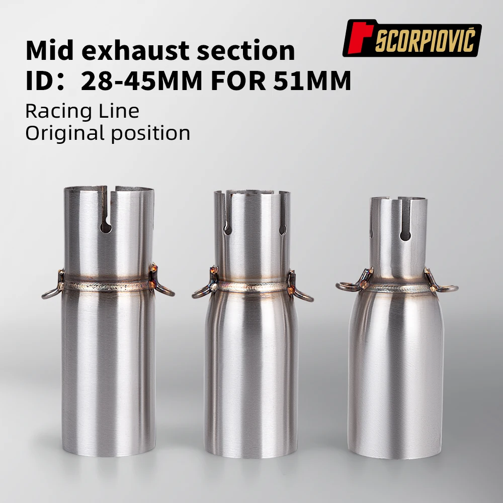 Motorcycle Modified Exhaust Pipe, Suitable for 28-45mm Adapter, 51mm Middle Link Pipe, Various Sizes