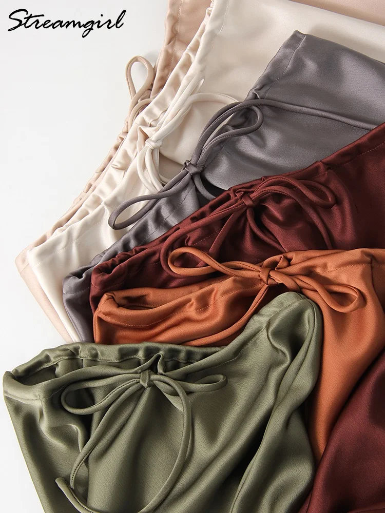 Faldas largas color champán para mujer, falda elegante de satén de lujo, faldas largas de color Beige con corte en A, color verde militar, otoño 2024