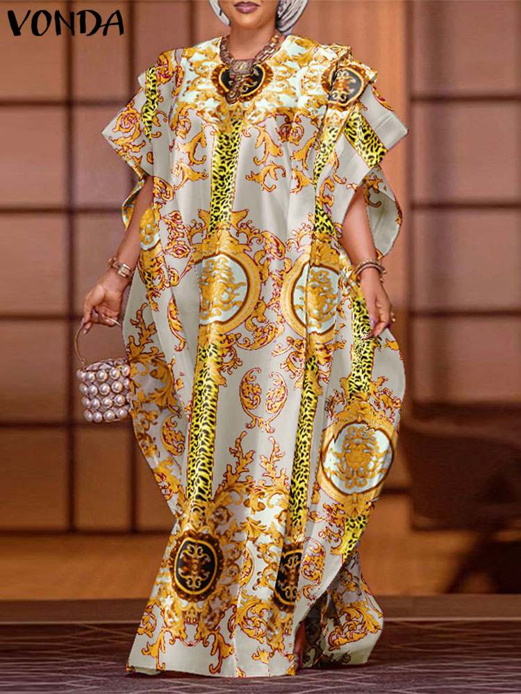 VONDA プラスサイズ 5XL エレガントなマキシロングドレス 2024 ファッションサテンドレスセクシーなプリントパッチワークバットウィングスリーブ Vestidos フリルローブ