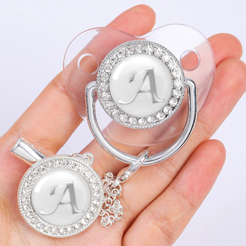Bebê personalizado chupeta clipe recém-nascido luxo chupetas titular carta prata bling infantil transparente silicone mordedor bpa livre