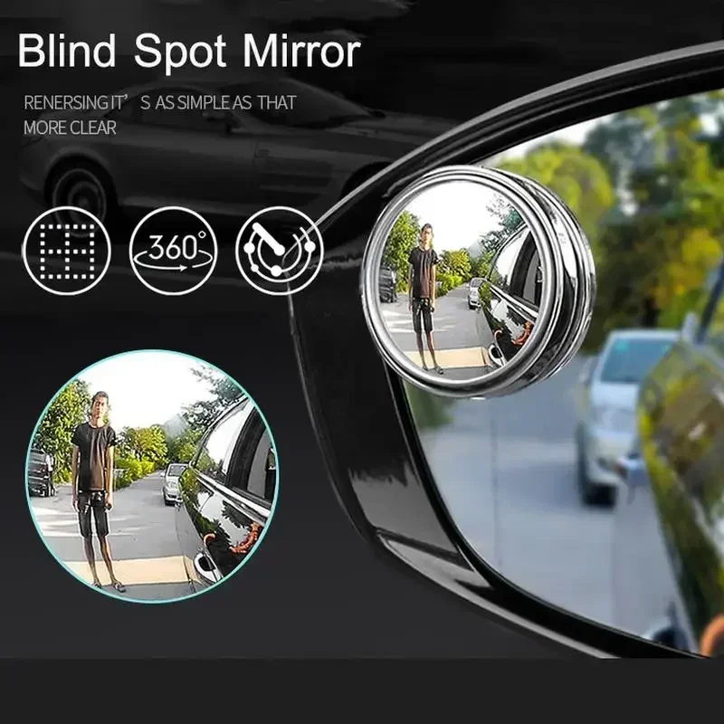 Novo espelho retrovisor auxiliar montado convexo, 2 peças, rotação de 360 graus, grande angular, moldura redonda, acessório de ponto cego