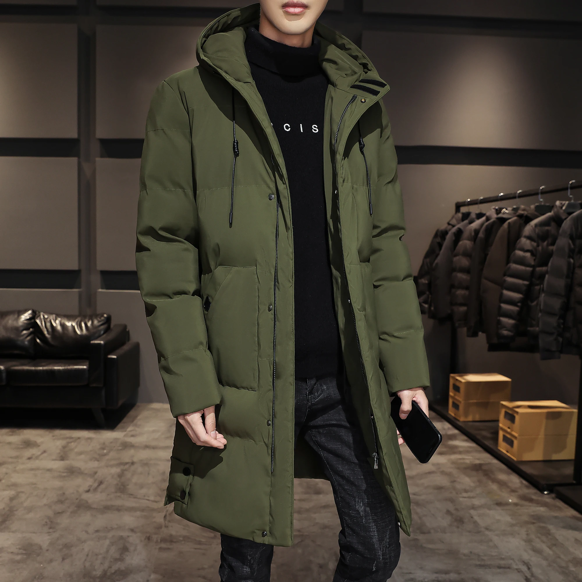 Casacos longos e grossos, casaco com capuz, parka preta, roupa de marca da moda, alta qualidade, 8XL, 7XL, novo, inverno, 2024