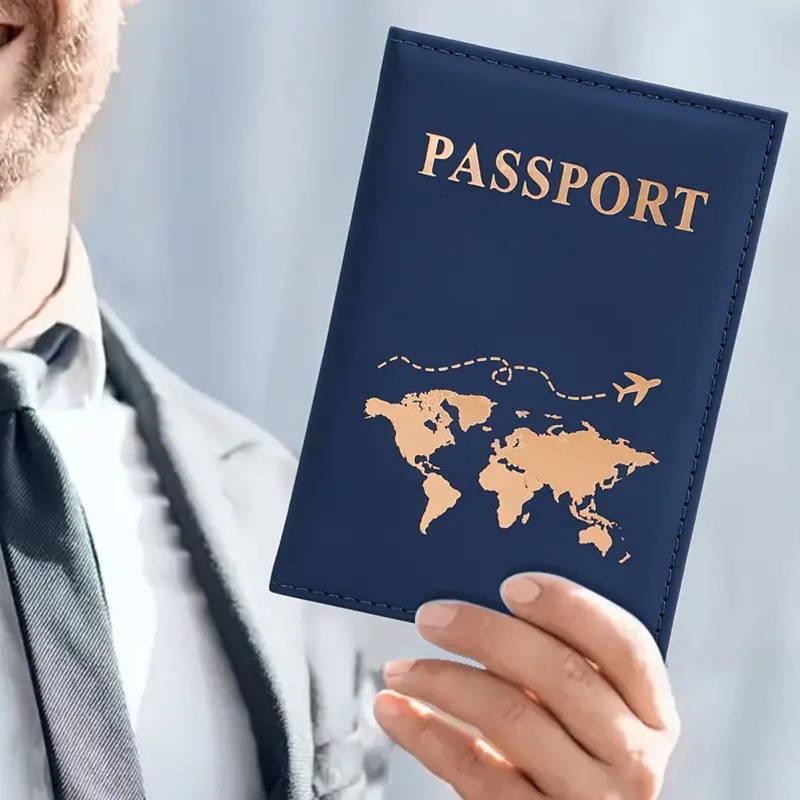 Capa para passaporte com letras douradas para viagem, capa para mulheres e homens, couro pu, mapa de bilhetes, capa para passaporte, acessórios de proteção para passaporte