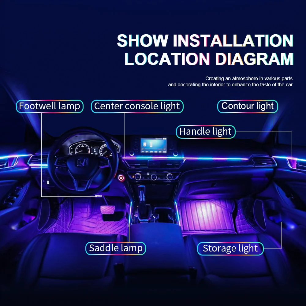 10/14/18 em 1 led luzes ambientais do carro 213 64 cores rgb sinfonia streamer bluetooth arco-íris tiras acrílicas kit de lâmpada atmosfera 12v